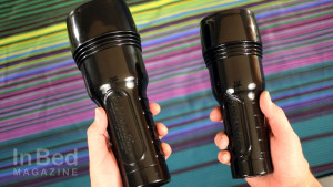 Fleshlight Go Surge vs. Full-size Fleshlight Vortex, size compared in-hand.